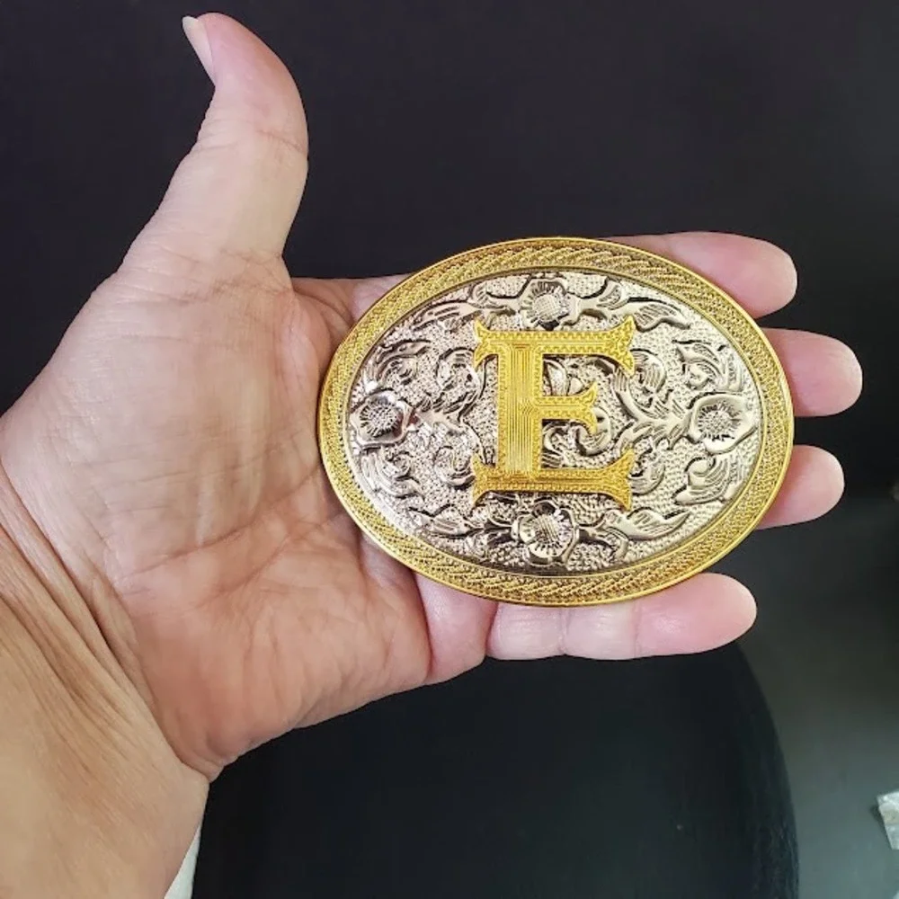 Western Initial E Belt Buckle Gold Silver Two Tone Floral Engraved Oval Cowboy